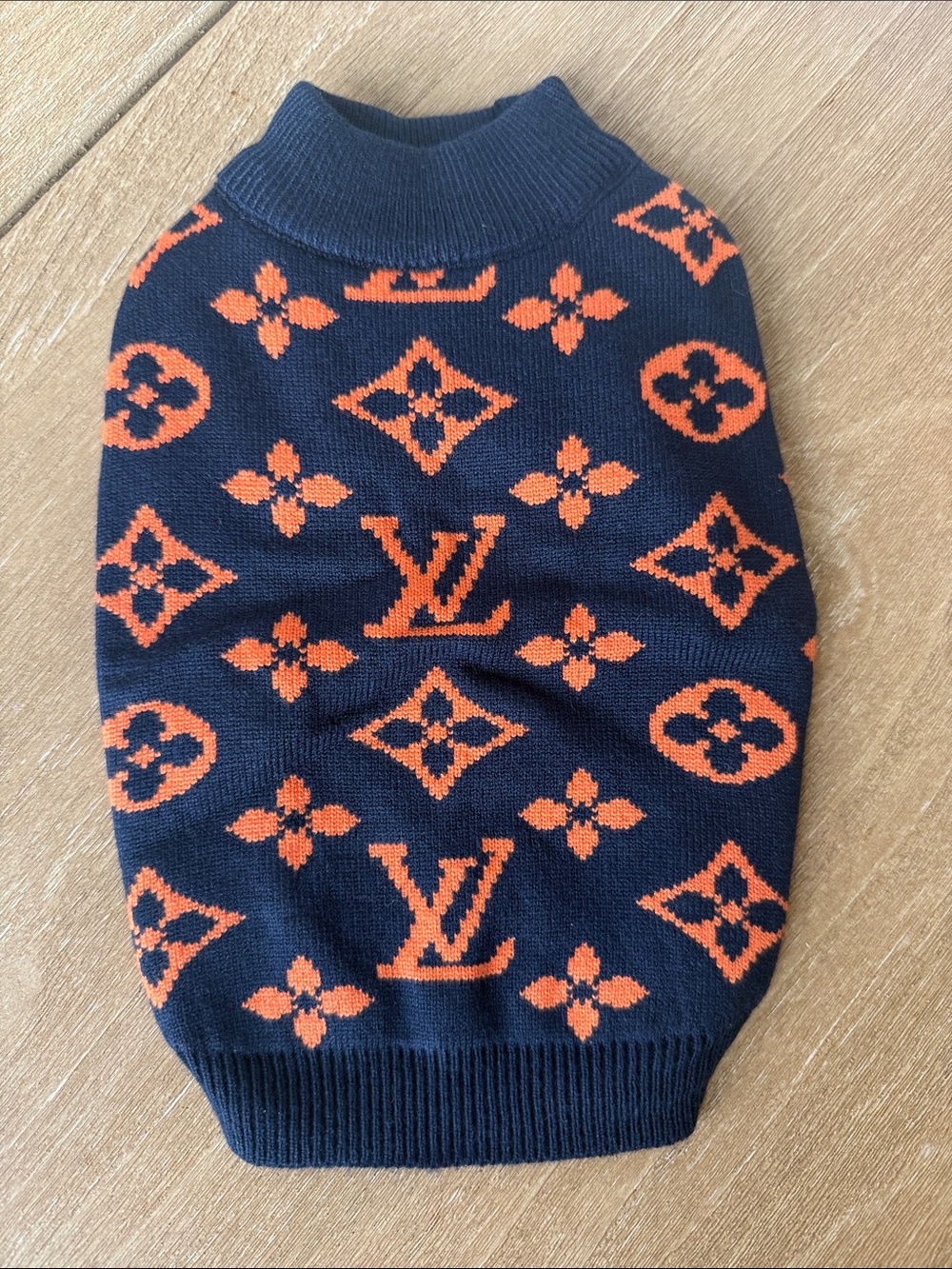 Luxury-Inspired Navy and Orange Monogram Knit Dog Sweater